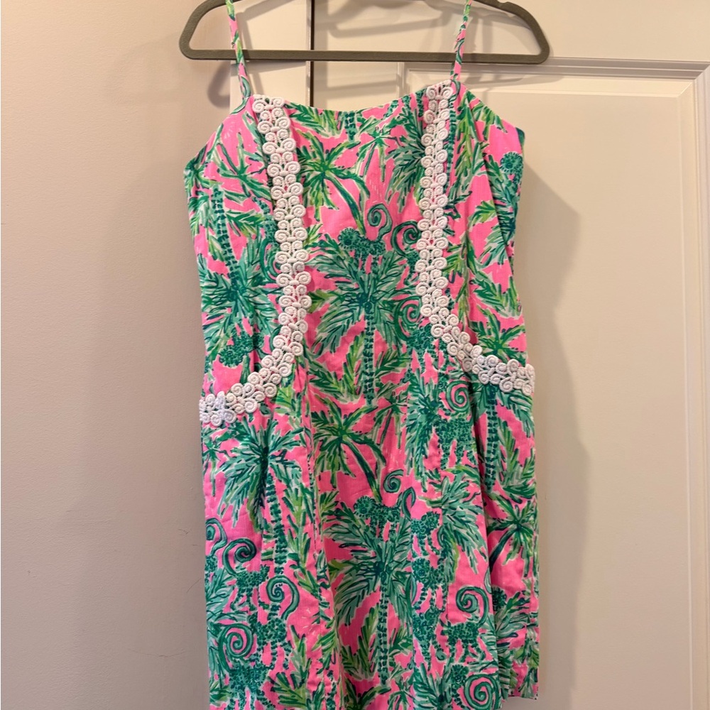 Lilly Pulitzer Pink and Green Palm Trees Tie Back Dress